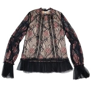 Alexis Lia Whimsigoth Blouse Womens Sz M Black Ruffled Laced Embroidered Floral‎